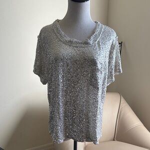 Diane Von Furstenberg Silver Sequin Short Sleeve Top
